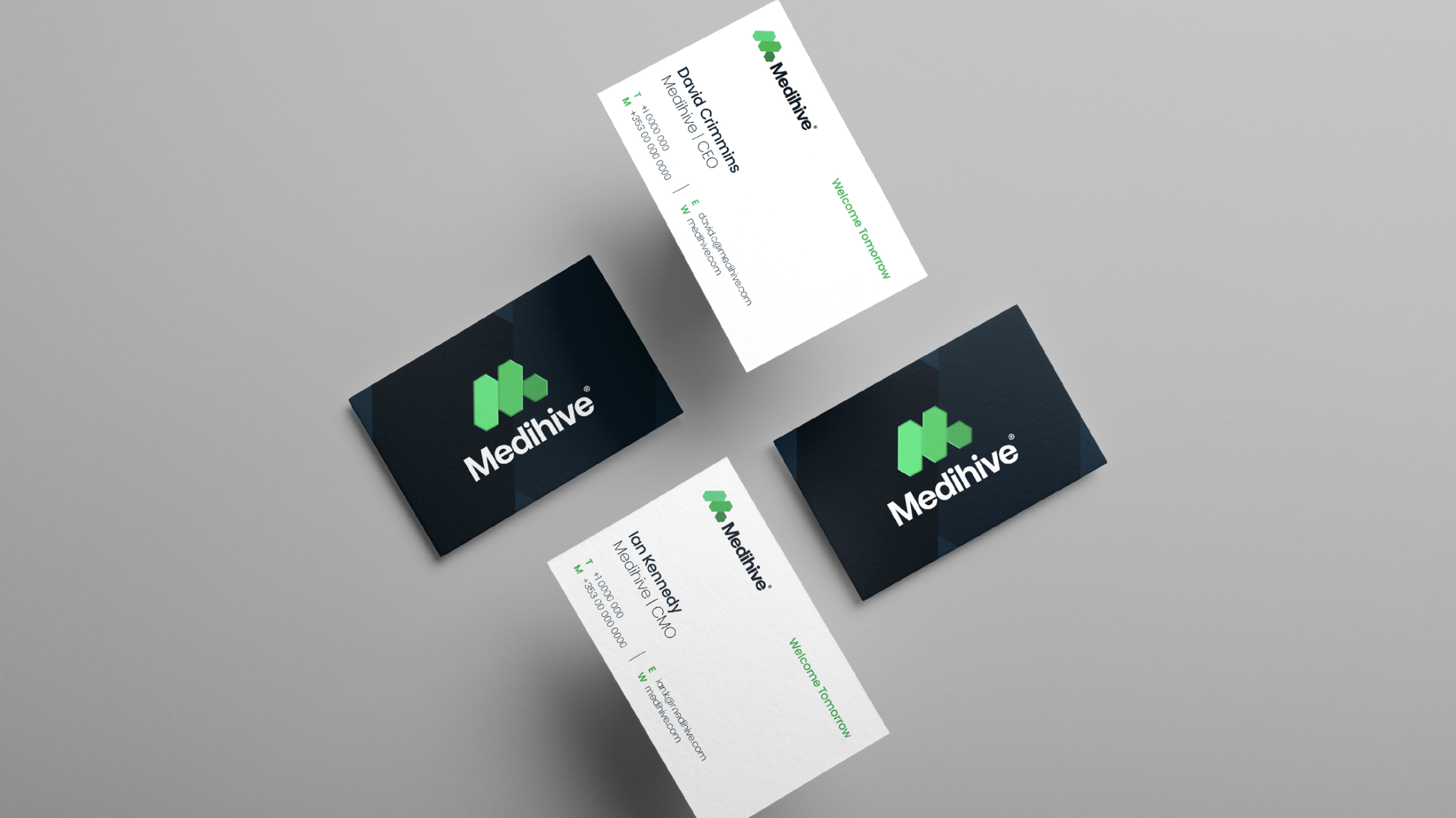 Medihive business cards with the new brand identity