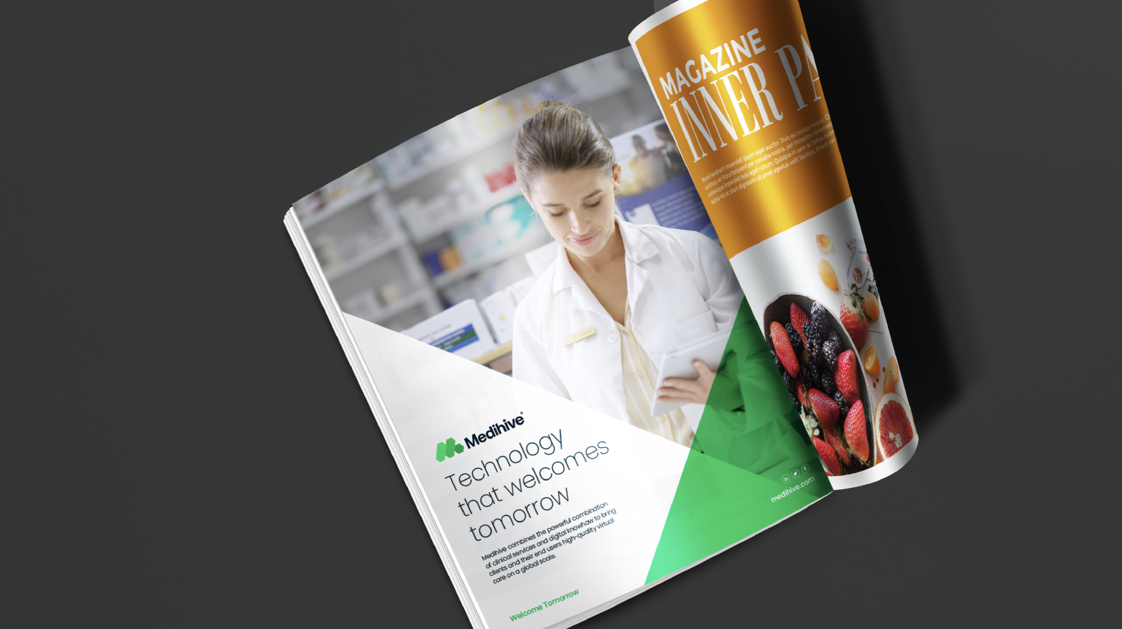 Medihive brochure spread with the 'Technology that welcomes tomorrow' platform