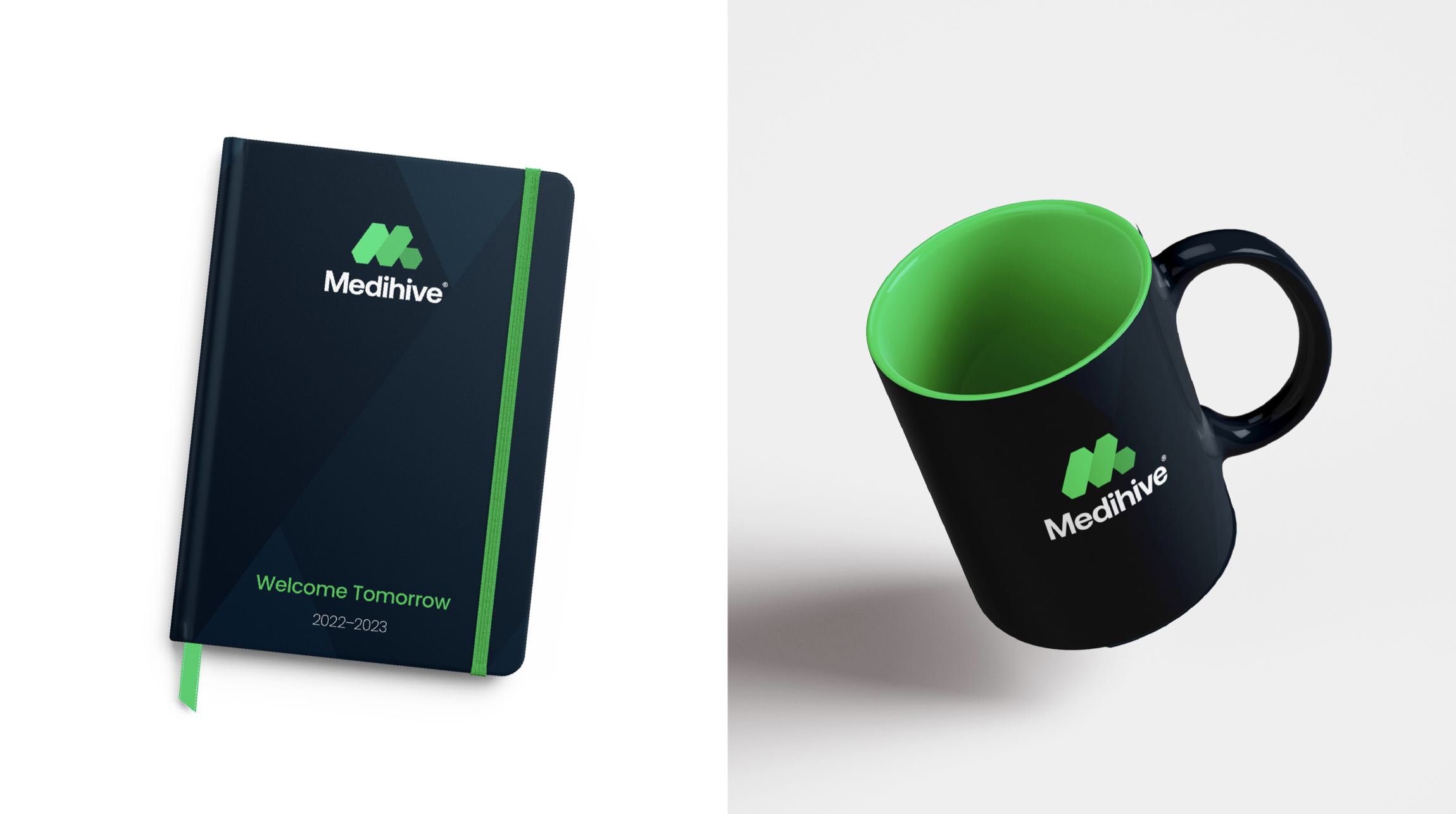 Medihive branded notebook and mug
