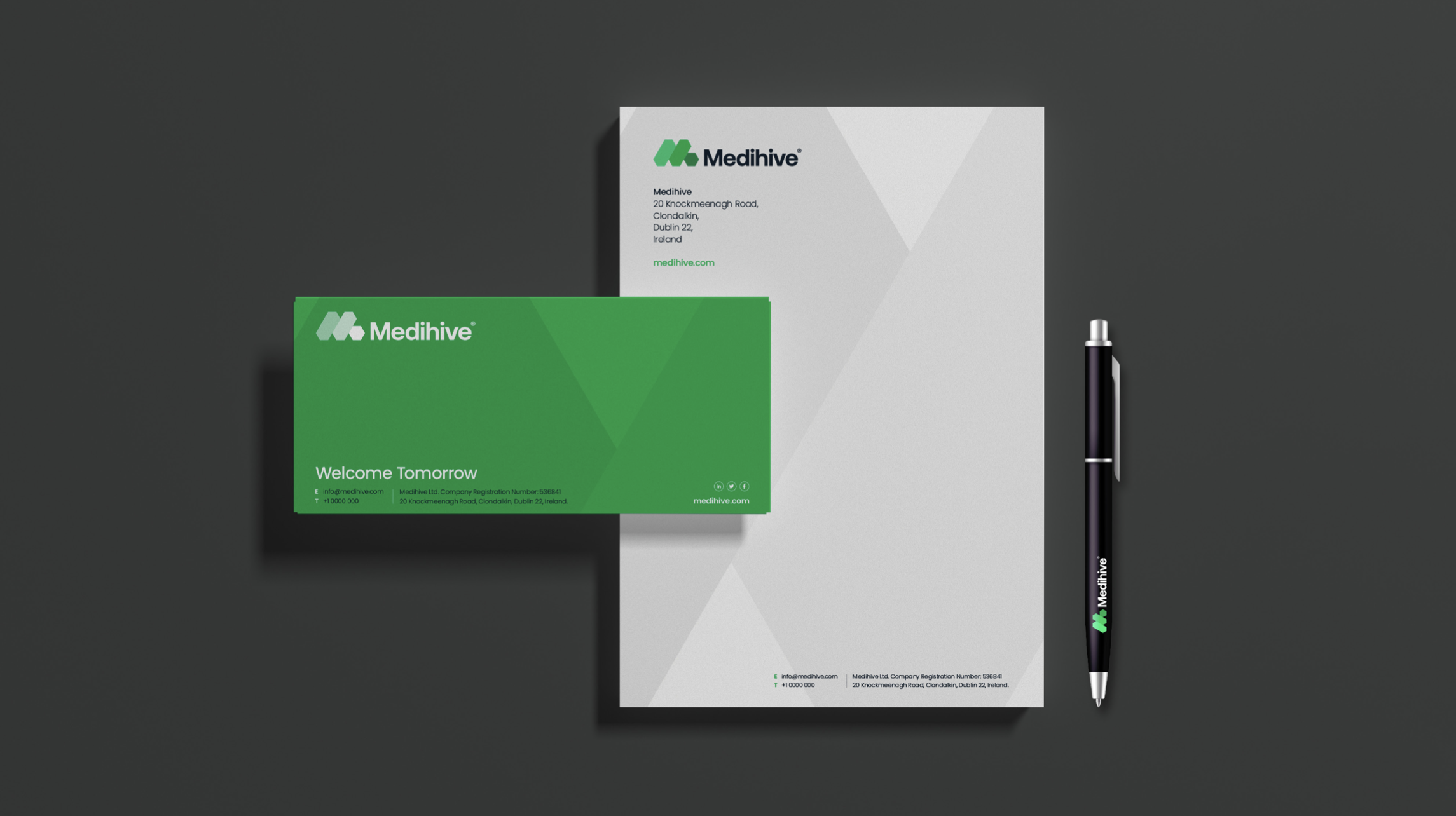 Medihive letterhead, envelope, and branded pen